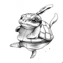 Martial Arts Turtle kicks Rabbit which flies through air, with text saying "Ninja Kick the Damn Rabbit" tattoo design idea