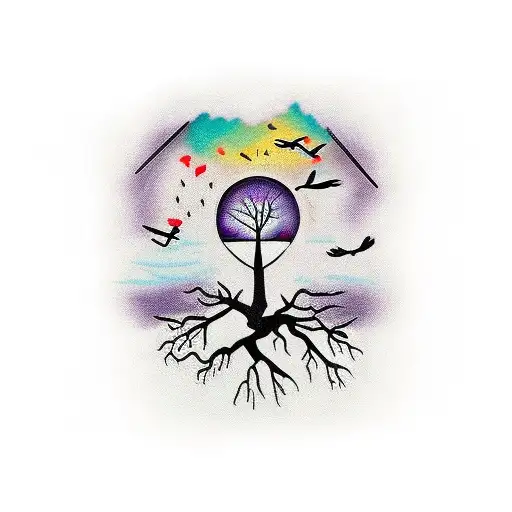 a coffin with a tree of crows inside with axp at the top tattoo design idea