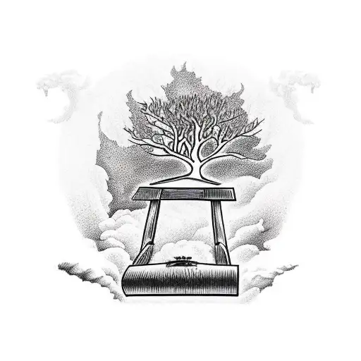 a open coffin standing up with a tree of crows inside the coffin tattoo design idea