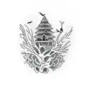 a open coffin standing up with a tree of crows inside the coffin tattoo design idea