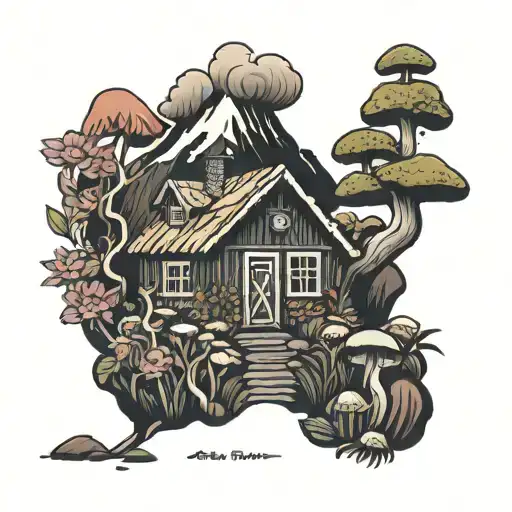 icelandic house, volcano, flower field, mushrooms, dwarfs tattoo design idea