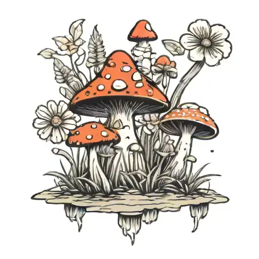 flower field, mushrooms, dwarfs,houses tattoo design idea