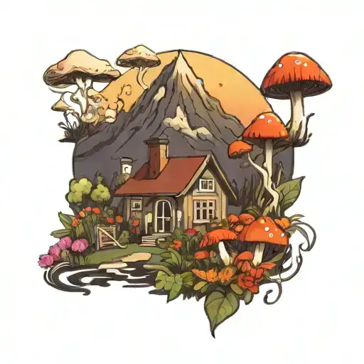 volcano, flower field, mushrooms, small houses tattoo design idea