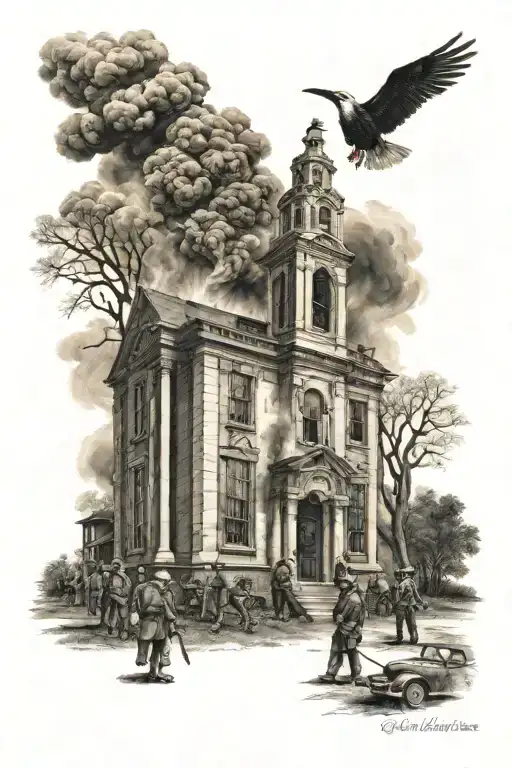 1800's church burning behind civil war soldiers  tattoo design idea