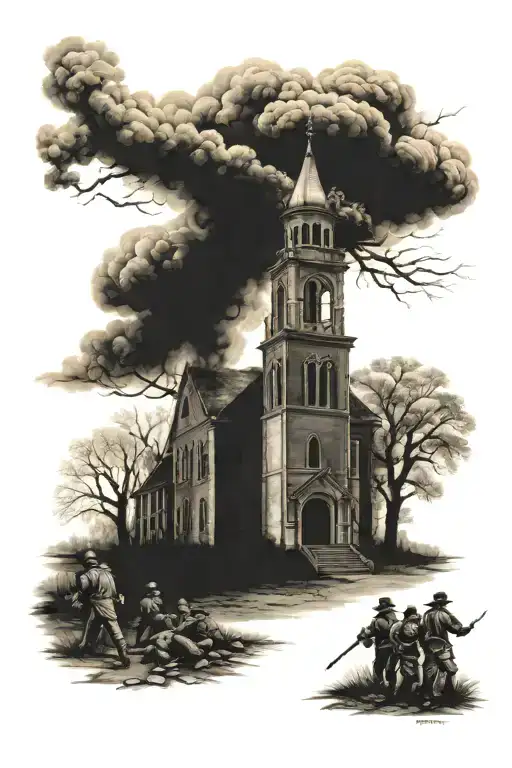 1800's church burning behind dead civil war soldiers  tattoo design idea