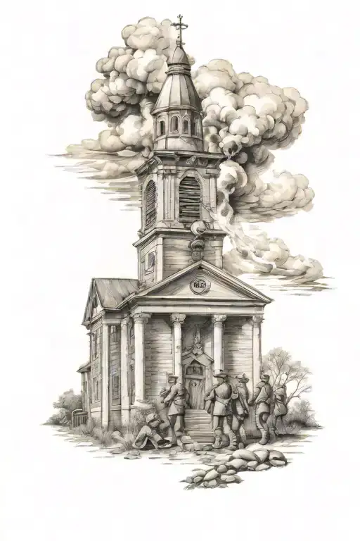 1800's church burning behind civil war soldiers  tattoo design idea