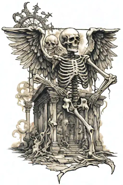 1800's church burning skeleton suffering tattoo design idea