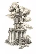 1800's church burning behind civil war soldiers  tattoo design idea
