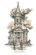 1800's church burning behind civil war soldiers  tattoo design idea