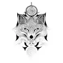 Celestial Fox with intricate mandala and compass design and floral work tattoo design idea