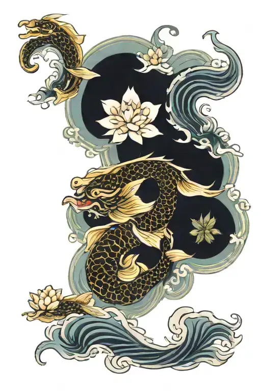 japanese dragon, koi fish swimming, shogun, lotus flower  tattoo design idea