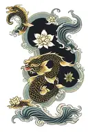 japanese dragon, koi fish swimming, shogun, lotus flower  tattoo design idea