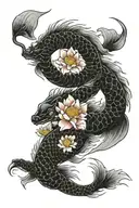 japanese dragon, koi fish swimming, shogun, lotus flower  tattoo design idea