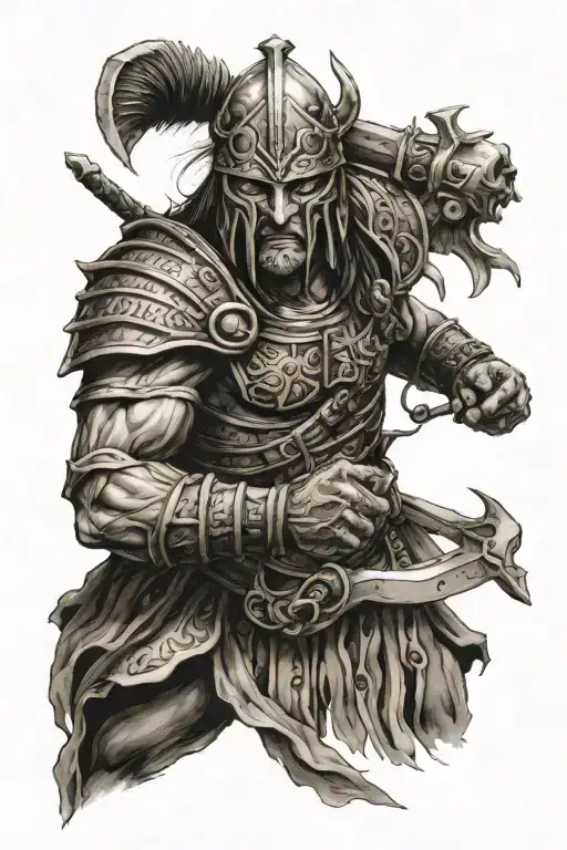 create an image of an ancient phoenician warrior with the face of "Disturbed The Guy" from the band "Disturbed"  with a  tattoo design idea