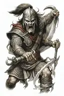 create an image of an ancient phoenician warrior with the face of "Disturbed The Guy" from the band "Disturbed"  with a  tattoo design idea