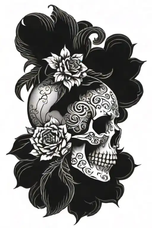 mandala design with a skull and a pretty face profile holding tattoo design idea