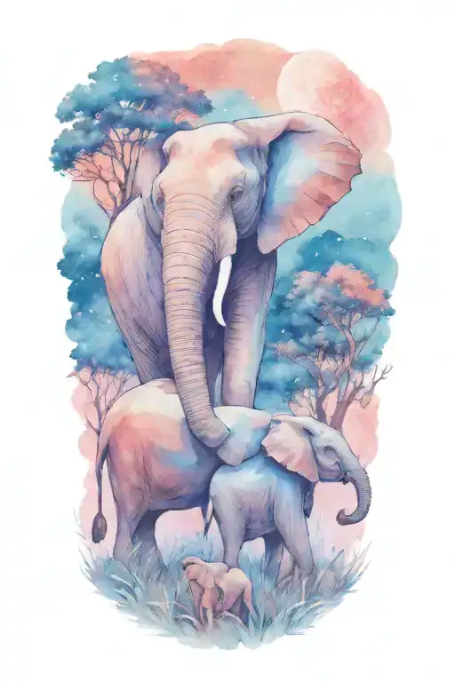 mother elephant and two kids African forestry with large full moon and trees in the background  tattoo design idea