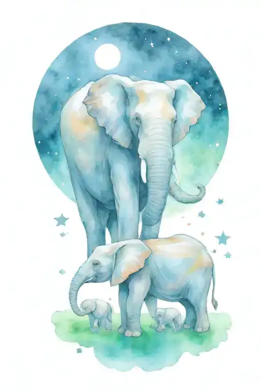 mother elephant and two kids under the moonlight and stars tattoo design idea