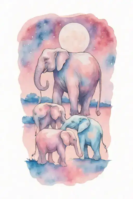mother elephant and two kids under the night sky and full moon tattoo design idea