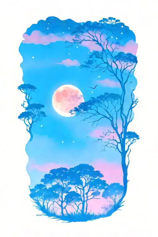 African forestry with large full moon and trees in the background  tattoo design idea