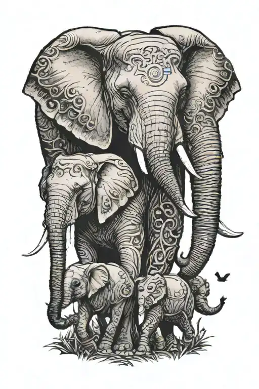 mother elephant and her two young children playing tattoo design idea