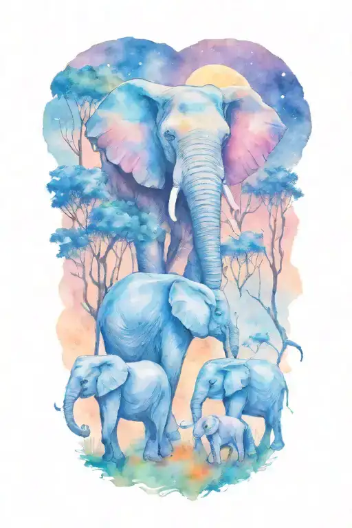 mother elephant and two kids African forestry with large full moon and trees in the background  tattoo design idea