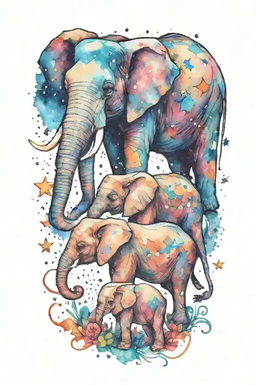 mother elephant and two kids under the night sky filled with stars tattoo design idea