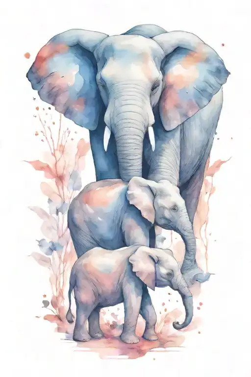 mother elephant and two kids under the night scene tattoo design idea