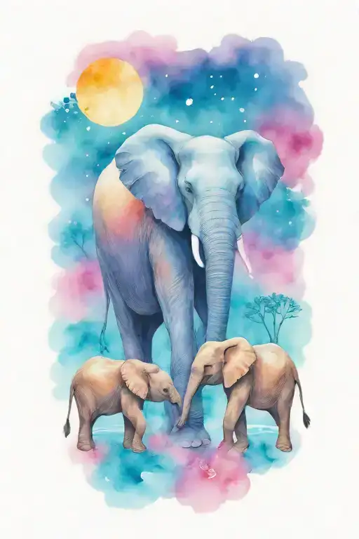 loving female african elephant and two kids in the moonlight with flower border tattoo design idea