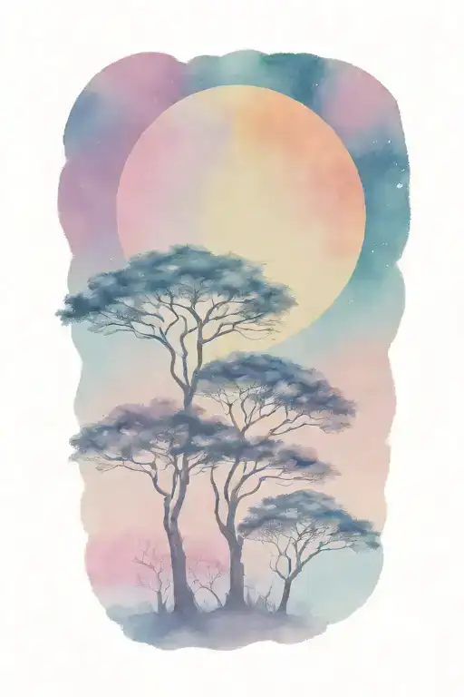 African forestry with large full moon and trees in the background  tattoo design idea