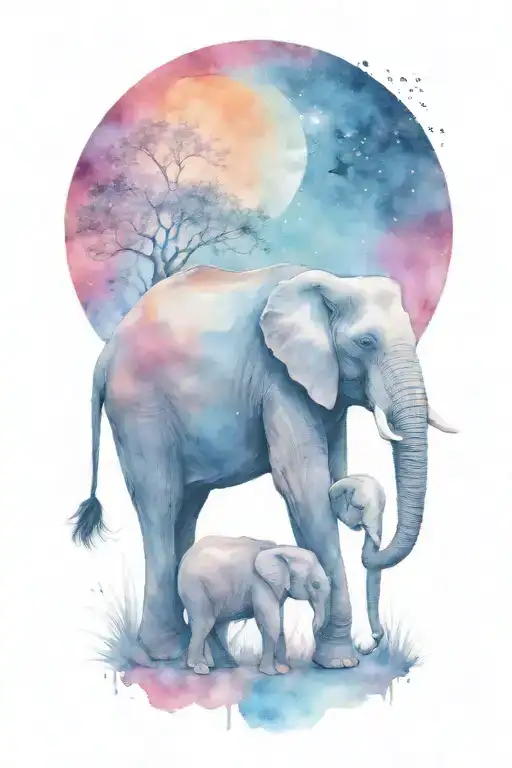 elephant and her two children with a large moon in the background tattoo design idea
