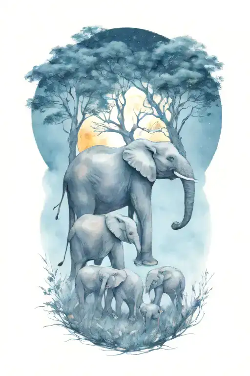 mother elephant and two kids African forestry with large full moon and trees in the background  tattoo design idea