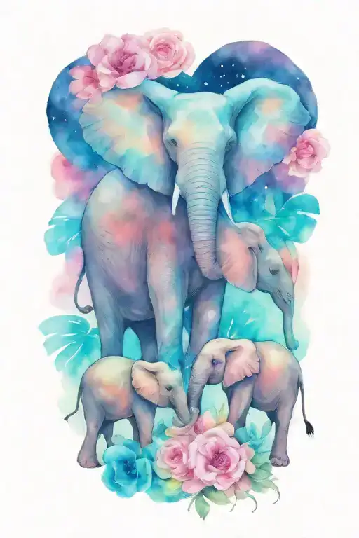 loving female african elephant and two kids in the moonlight with flower border tattoo design idea