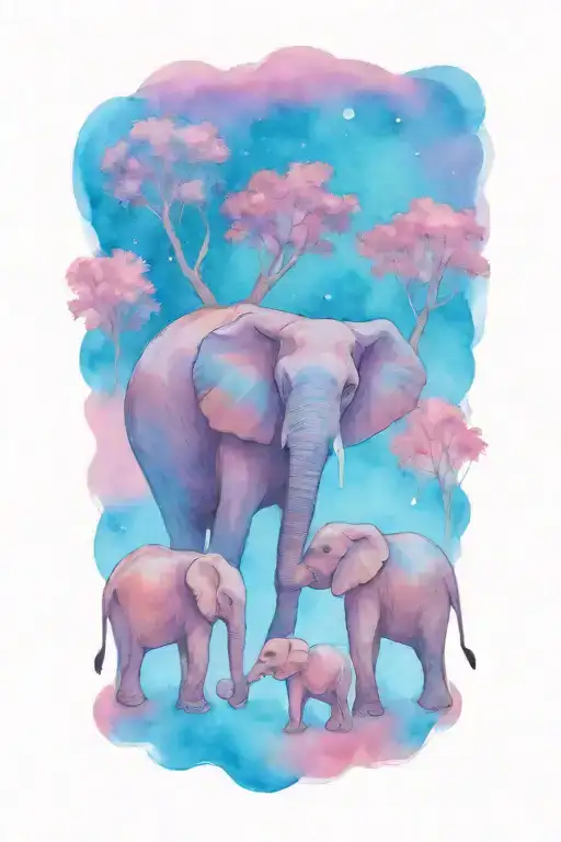 female african elephant and two kids in the moonlight tattoo design idea