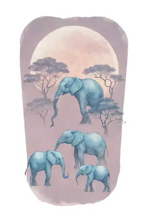 mother elephant and two kids African forestry with large full moon and trees in the background  tattoo design idea