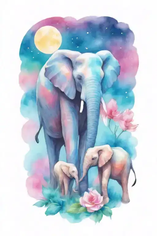 loving female african elephant and two kids in the moonlight with flowers tattoo design idea