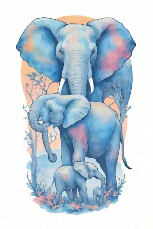 mother elephant and two kids African forestry with large full moon and trees in the background  tattoo design idea