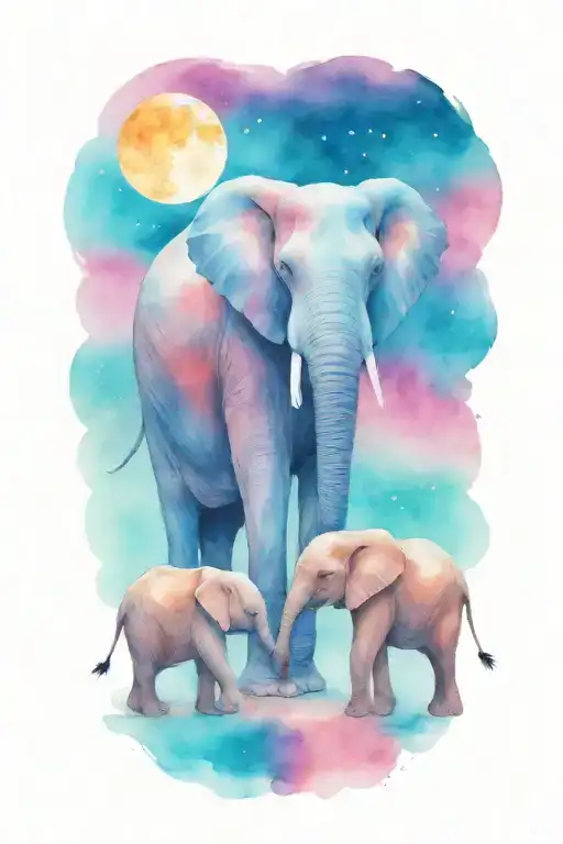 female african elephant and two kids in the moonlight tattoo design idea