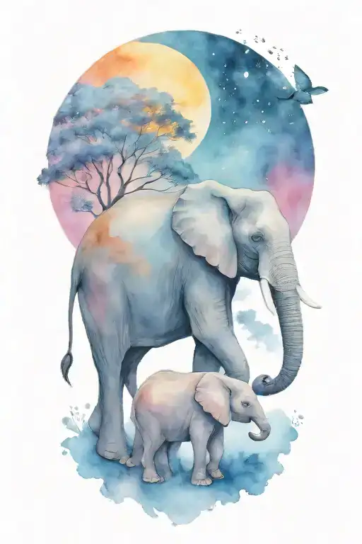 elephant and her two kids under a full moon night time   tattoo design idea