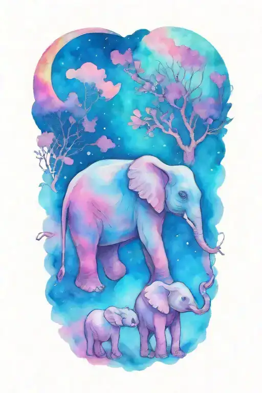 mother elephant and two kids under the night sky and full moon tattoo design idea