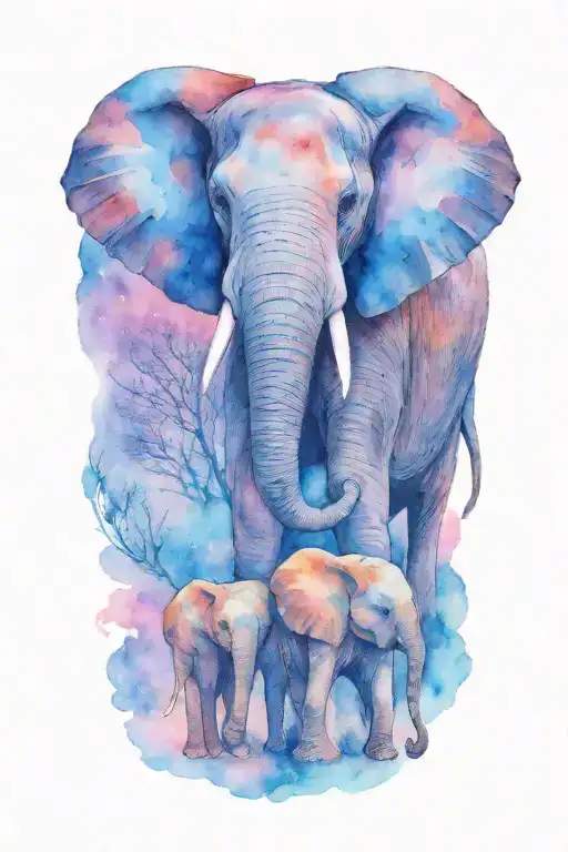 female african elephant and two kids in the moonlight tattoo design idea