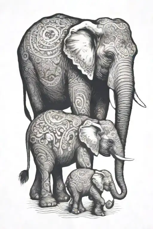 mother elephant and her two young children playing tattoo design idea