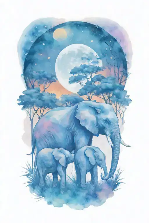 mother elephant and two kids African forestry with large full moon and trees in the background  tattoo design idea