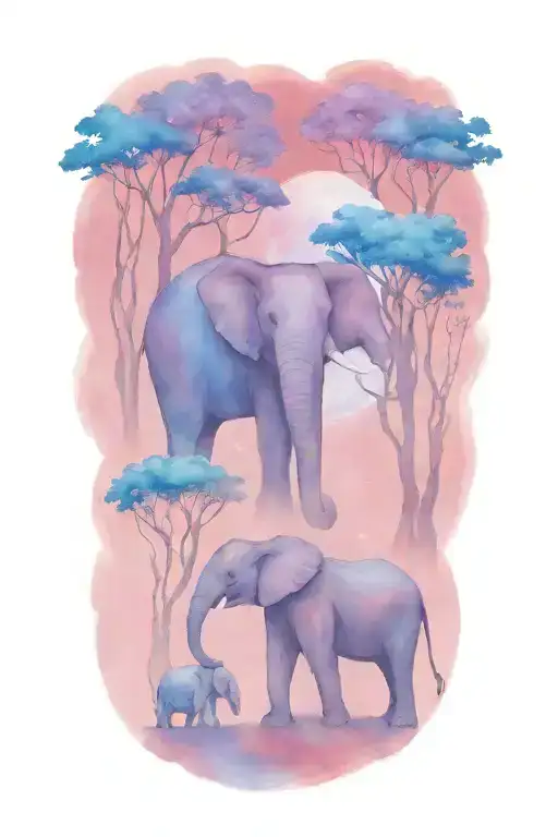mother elephant and two kids. with large full moon and trees in the background  tattoo design idea