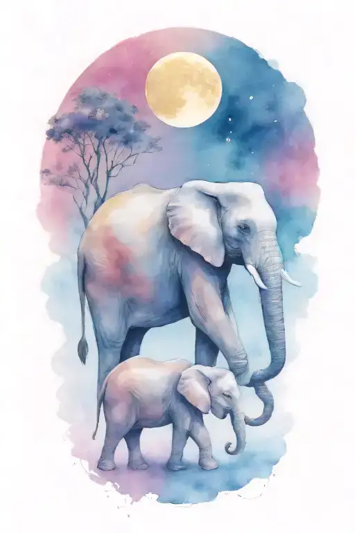elephant and her two kids under a full moon night time   tattoo design idea