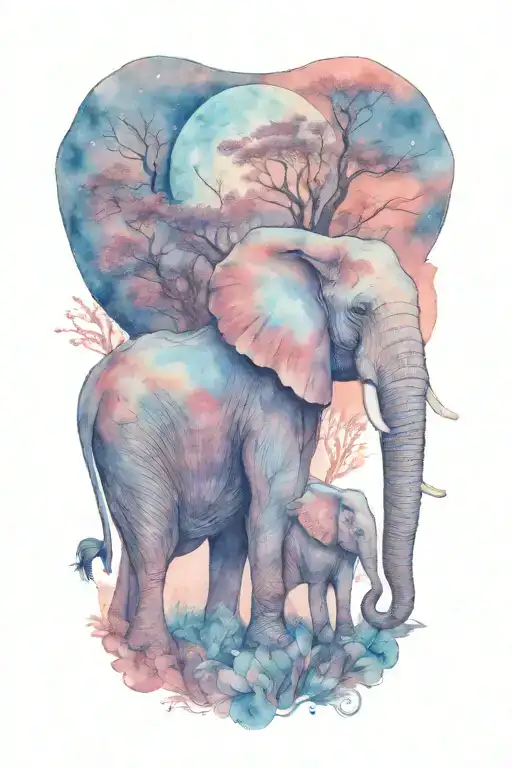 mother elephant and two kids African forestry with large full moon and trees in the background  tattoo design idea