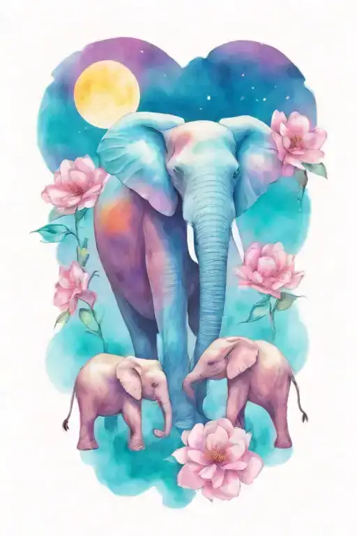 loving female african elephant and two kids in the moonlight with flower border tattoo design idea