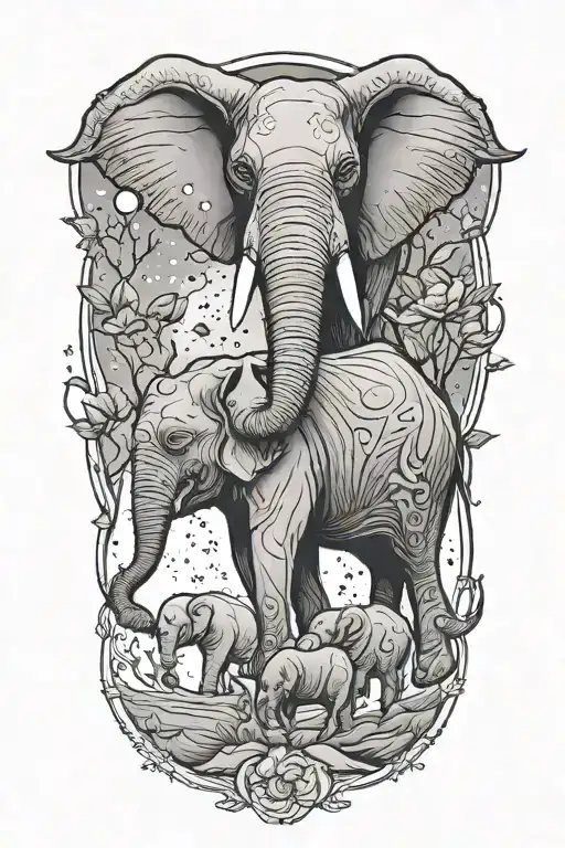 mother elephant and two kids under the moonlight and stars tattoo design idea