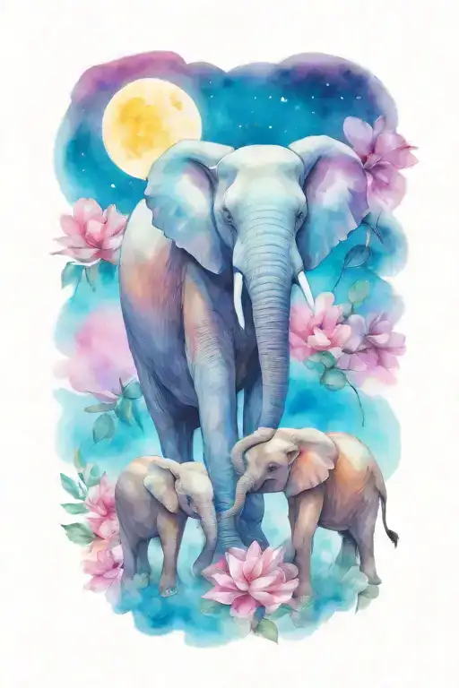 loving female african elephant and two kids in the moonlight with flowers tattoo design idea