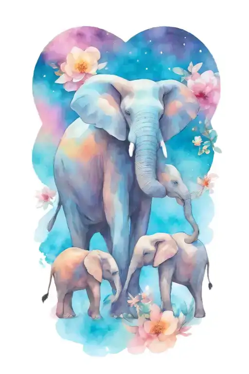 loving female african elephant and two kids in the moonlight with flowers tattoo design idea